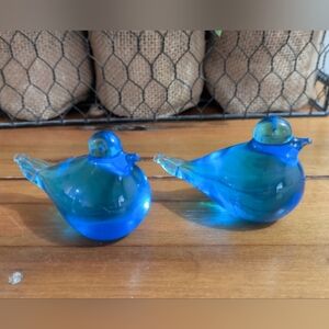Blue Glass Bird Figurines Set of 2 Art Glass Decor